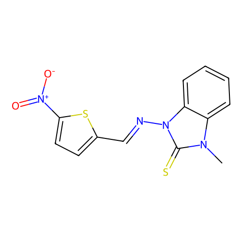 (E)-1-methyl-3-(((5-nitrothiophen-2-yl)methylene)amino)-1H-benzo[d]imidazole-2(3H)-thione structure
