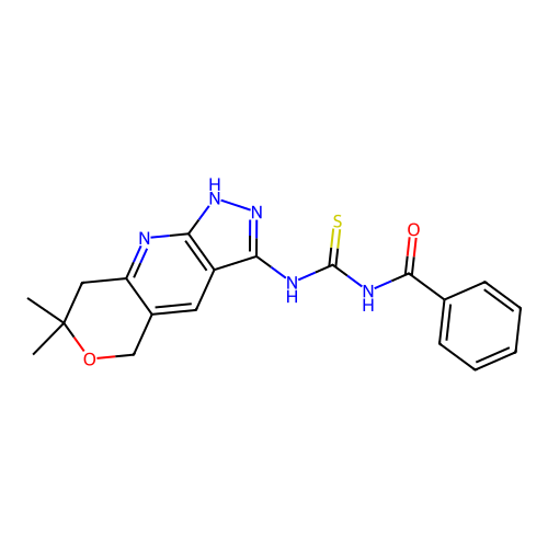 N-((7,7-dimethyl-1,5,7,8-tetrahydropyrano[4,3-b]pyrazolo[4,3-e]pyridin-3-yl)carbamothioyl)benzamide structure