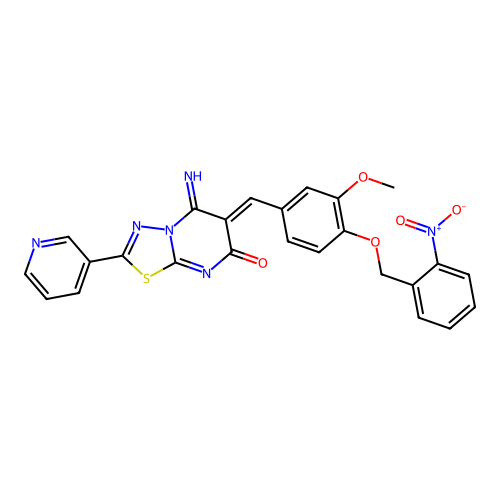 (6Z)-5-imino-6-[[3-methoxy-4-[(2-nitrophenyl)methoxy]phenyl]methylidene]-2-pyridin-3-yl-[1,3,4]thiadiazolo[3,2-a]pyrimidin-7-one structure