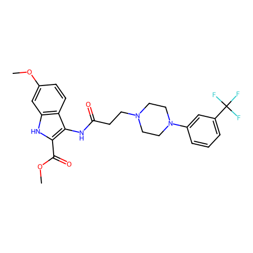 methyl 6-methoxy-3-(3-(4-(3-(trifluoromethyl)phenyl)piperazin-1-yl)propanamido)-1H-indole-2-carboxylate structure