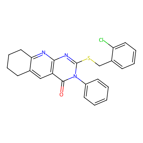 2-((2-chlorobenzyl)thio)-3-phenyl-6,7,8,9-tetrahydropyrimido[4,5-b]quinolin-4(3H)-one structure