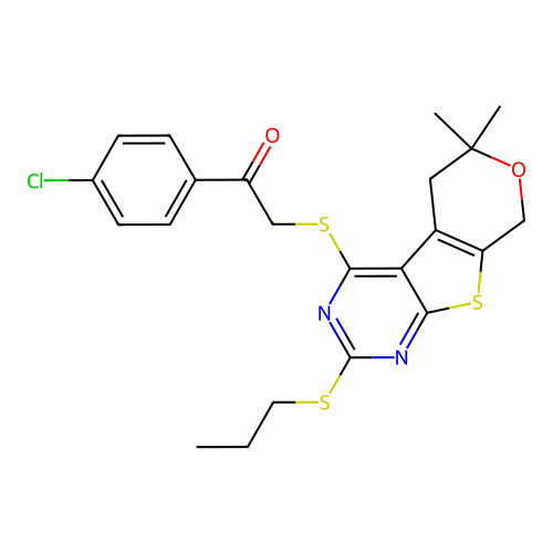 1-(4-chlorophenyl)-2-((6,6-dimethyl-2-(propylthio)-6,8-dihydro-5H-pyrano[4',3':4,5]thieno[2,3-d]pyrimidin-4-yl)thio)ethanone structure