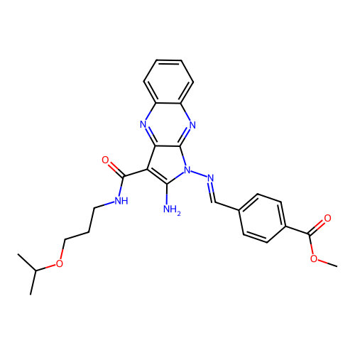 (E)-methyl 4-(((2-amino-3-((3-isopropoxypropyl)carbamoyl)-1H-pyrrolo[2,3-b]quinoxalin-1-yl)imino)methyl)benzoate structure