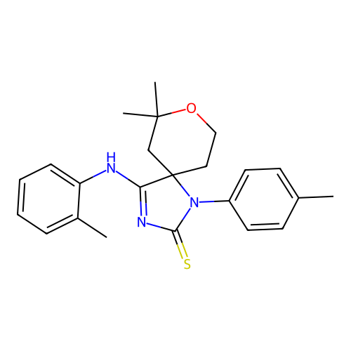 (Z)-7,7-dimethyl-1-(p-tolyl)-4-(o-tolylimino)-8-oxa-1,3-diazaspiro[4.5]decane-2-thione structure