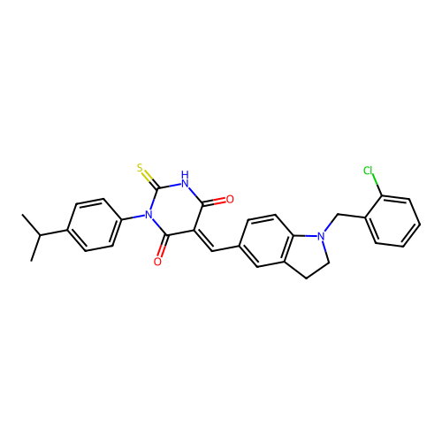 (5E)-5-[[1-[(2-chlorophenyl)methyl]-2,3-dihydroindol-5-yl]methylidene]-1-(4-propan-2-ylphenyl)-2-sulfanylidene-1,3-diazinane-4,6-dione structure