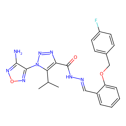 (E)-1-(4-amino-1,2,5-oxadiazol-3-yl)-N'-(2-((4-fluorobenzyl)oxy)benzylidene)-5-isopropyl-1H-1,2,3-triazole-4-carbohydrazide structure