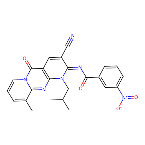 (E)-N-(3-cyano-1-isobutyl-10-methyl-5-oxo-1H-dipyrido[1,2-a:2',3'-d]pyrimidin-2(5H)-ylidene)-3-nitrobenzamide structure