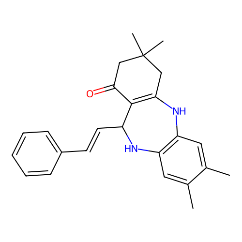 (E)-3,3,7,8-tetramethyl-11-styryl-2,3,4,5,10,11-hexahydro-1H-dibenzo[b,e][1,4]diazepin-1-one structure