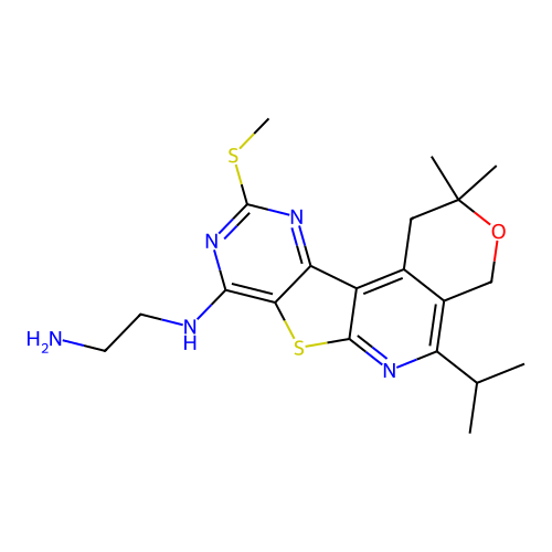 N-[2,2-dimethyl-10-(methylsulfanyl)-5-(propan-2-yl)-1,4-dihydro-2H-pyrano[4'',3'':4',5']pyrido[3',2':4,5]thieno[3,2-d]pyrimidin-8-yl]ethane-1,2-diamine structure