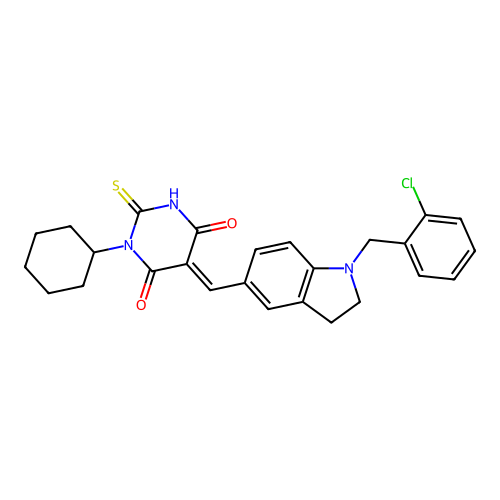 (5E)-5-[[1-[(2-chlorophenyl)methyl]-2,3-dihydroindol-5-yl]methylidene]-1-cyclohexyl-2-sulfanylidene-1,3-diazinane-4,6-dione structure