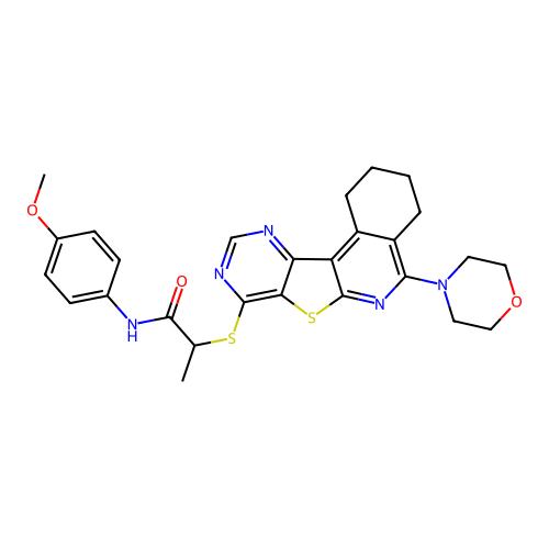 N-(4-methoxyphenyl)-2-((5-morpholino-1,2,3,4-tetrahydropyrimido[4',5':4,5]thieno[2,3-c]isoquinolin-8-yl)thio)propanamide structure