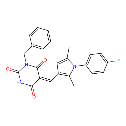 (5Z)-1-benzyl-5-[[1-(4-fluorophenyl)-2,5-dimethylpyrrol-3-yl]methylidene]-1,3-diazinane-2,4,6-trione structure