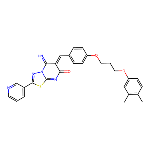 (6Z)-6-[[4-[3-(3,4-dimethylphenoxy)propoxy]phenyl]methylidene]-5-imino-2-pyridin-3-yl-[1,3,4]thiadiazolo[3,2-a]pyrimidin-7-one structure