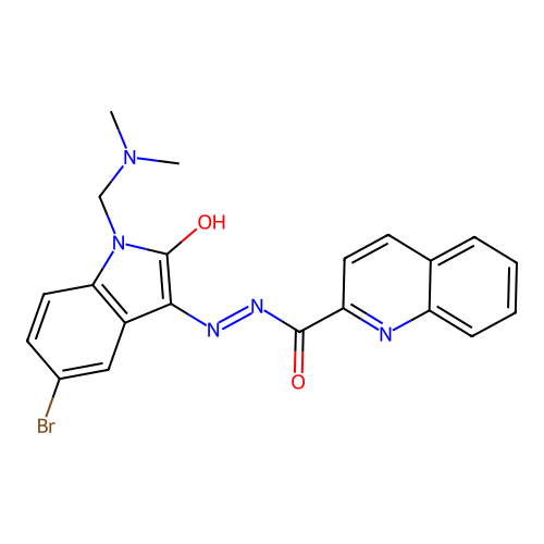 N-[(E)-[5-bromo-1-(dimethylaminomethyl)-2-oxoindol-3-ylidene]amino]quinoline-2-carboxamide structure