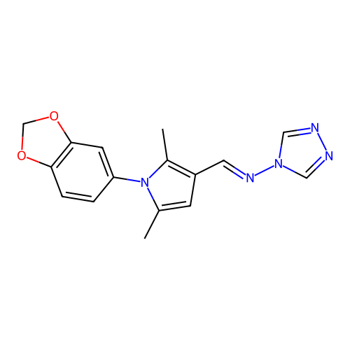 N-{(E)-[1-(1,3-benzodioxol-5-yl)-2,5-dimethyl-1H-pyrrol-3-yl]methylidene}-4H-1,2,4-triazol-4-amine structure