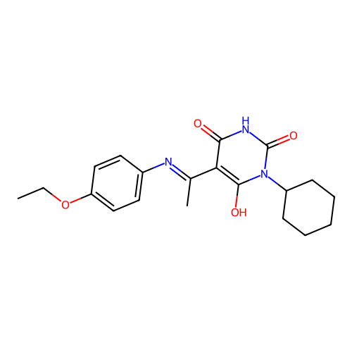 (Z)-1-cyclohexyl-5-(1-((4-ethoxyphenyl)amino)ethylidene)pyrimidine-2,4,6(1H,3H,5H)-trione structure