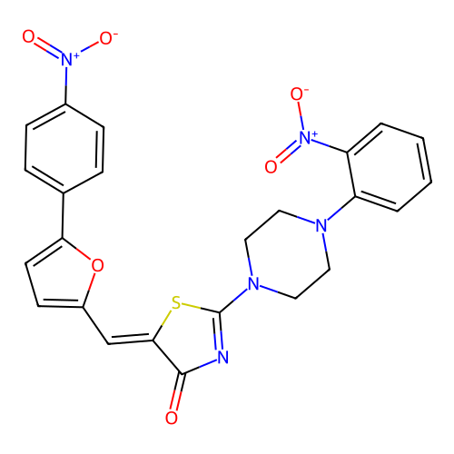(Z)-5-((5-(4-nitrophenyl)furan-2-yl)methylene)-2-(4-(2-nitrophenyl)piperazin-1-yl)thiazol-4(5H)-one structure