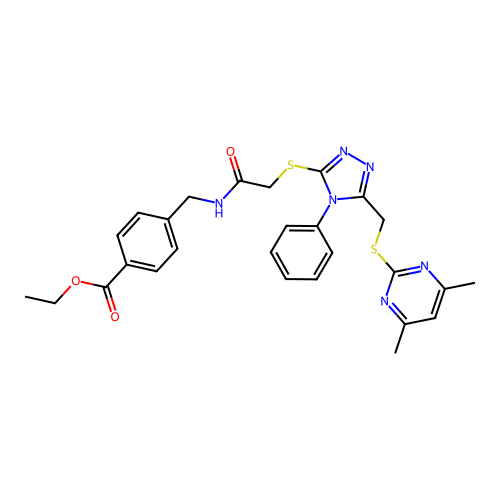 ethyl 4-((2-((5-(((4,6-dimethylpyrimidin-2-yl)thio)methyl)-4-phenyl-4H-1,2,4-triazol-3-yl)thio)acetamido)methyl)benzoate structure