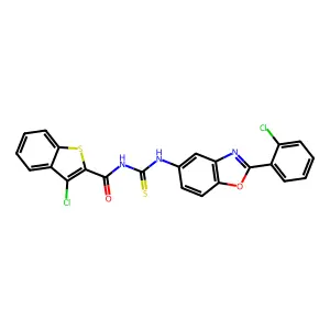 3-chloro-N-[[2-(2-chlorophenyl)benzooxazol-5-yl]thiocarbamoyl]benzothiophene-2-carboxamide structure