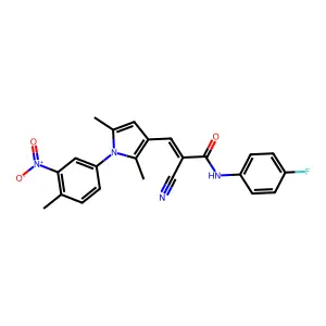 (E)-2-cyano-3-[2,5-dimethyl-1-(4-methyl-3-nitrophenyl)pyrrol-3-yl]-N-(4-fluorophenyl)prop-2-enamide structure