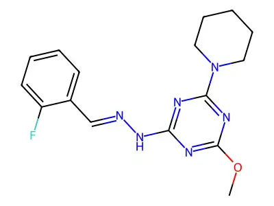 N-[(2-fluorophenyl)methylideneamino]-4-methoxy-6-piperidin-1-yl-1,3,5-triazin-2-amine structure