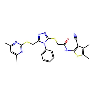 N-(3-cyano-4,5-dimethylthiophen-2-yl)-2-[[5-[(4,6-dimethylpyrimidin-2-yl)sulfanylmethyl]-4-phenyl-1,2,4-triazol-3-yl]sulfanyl]acetamide structure