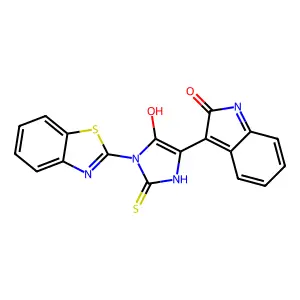 (3E)-3-[1-(1,3-benzothiazol-2-yl)-5-oxo-2-thioxoimidazolidin-4-ylidene]-1,3-dihydro-2H-indol-2-one structure