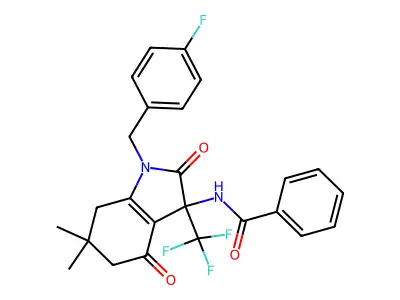 N-[1-[(4-fluorophenyl)methyl]-6,6-dimethyl-2,4-dioxo-3-(trifluoromethyl)-5,7-dihydroindol-3-yl]benzamide structure
