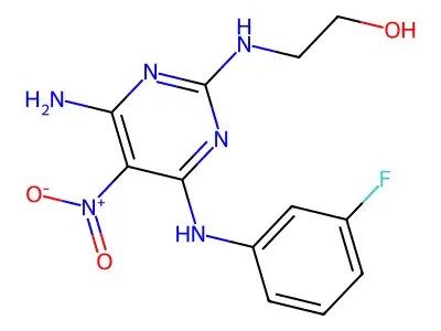 2-((4-Amino-6-((3-fluorophenyl)amino)-5-nitropyrimidin-2-yl)amino)ethanol structure