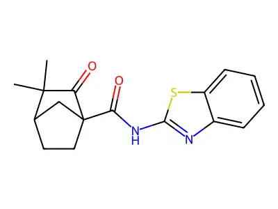 N-(1,3-benzothiazol-2-yl)-2,2-dimethyl-3-oxobicyclo[2.2.1]heptane-4-carboxamide structure