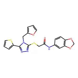 N-1,3-benzodioxol-5-yl-2-{[4-(2-furylmethyl)-5-(2-thienyl)-4H-1,2,4-triazol-3-yl]thio}acetamide structure