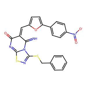 (6Z)-3-benzylsulfanyl-5-imino-6-[[5-(4-nitrophenyl)furan-2-yl]methylidene]-[1,2,4]thiadiazolo[4,5-a]pyrimidin-7-one structure