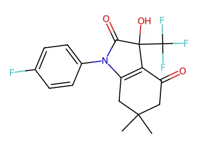 1-(4-fluorophenyl)-3-hydroxy-6,6-dimethyl-3-(trifluoromethyl)-5,7-dihydroindole-2,4-dione structure