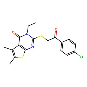 2-{[2-(4-chlorophenyl)-2-oxoethyl]sulfanyl}-3-ethyl-5,6-dimethylthieno[2,3-d]pyrimidin-4(3H)-one structure