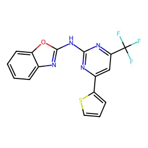N-[4-(thiophen-2-yl)-6-(trifluoromethyl)pyrimidin-2-yl]-1,3-benzoxazol-2-amine structure
