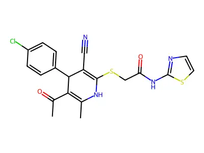 2-((5-acetyl-4-(4-chlorophenyl)-3-cyano-6-methyl-1,4-dihydropyridin-2-yl)thio)-N-(thiazol-2-yl)acetamide structure