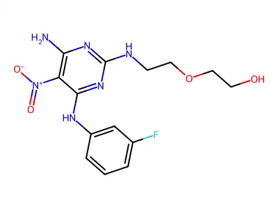 2-(2-((4-amino-6-((3-fluorophenyl)amino)-5-nitropyrimidin-2-yl)amino)ethoxy)ethanol structure