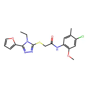 N-(4-chloro-2-methoxy-5-methylphenyl)-2-{[4-ethyl-5-(2-furyl)-4H-1,2,4-triazol-3-yl]thio}acetamide structure