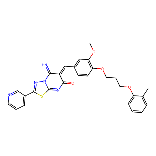 (6Z)-5-imino-6-[[3-methoxy-4-[3-(2-methylphenoxy)propoxy]phenyl]methylidene]-2-pyridin-3-yl-[1,3,4]thiadiazolo[3,2-a]pyrimidin-7-one structure