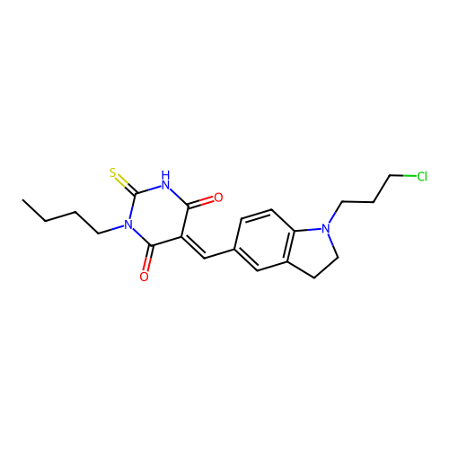 (5E)-1-butyl-5-[[1-(3-chloropropyl)-2,3-dihydroindol-5-yl]methylidene]-2-sulfanylidene-1,3-diazinane-4,6-dione structure