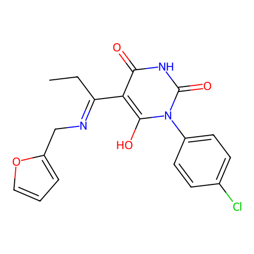 1-(4-chlorophenyl)-5-[1-(2-furylmethylamino)propylidene]-1,3-diazinane-2,4,6-trione structure