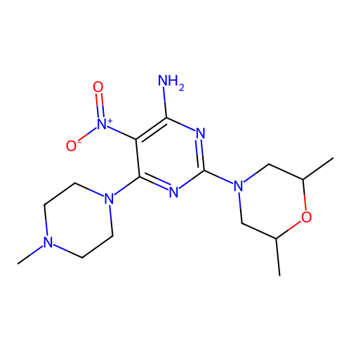 2-(2,6-dimethylmorpholin-4-yl)-6-(4-methylpiperazin-1-yl)-5-nitropyrimidin-4-amine structure