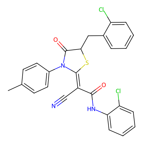 (2Z)-2-[5-(2-chlorobenzyl)-3-(4-methylphenyl)-4-oxo-1,3-thiazolidin-2-ylidene]-N-(2-chlorophenyl)-2-cyanoethanamide structure