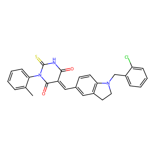 (5E)-5-[[1-[(2-chlorophenyl)methyl]-2,3-dihydroindol-5-yl]methylidene]-1-(2-methylphenyl)-2-sulfanylidene-1,3-diazinane-4,6-dione structure