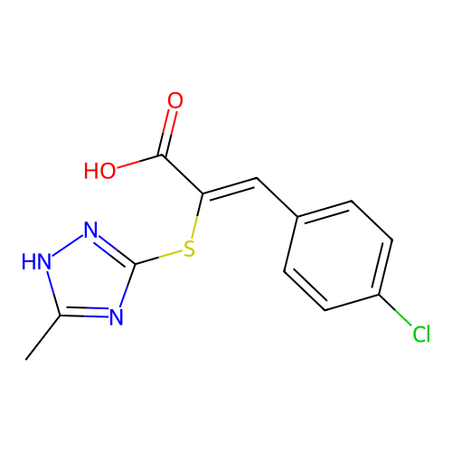 (2Z)-3-(4-chlorophenyl)-2-[(3-methyl-1H-1,2,4-triazol-4-ium-5-yl)sulfanyl]prop-2-enoate structure