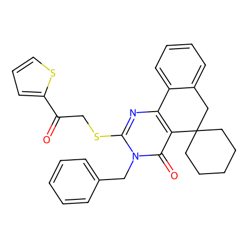 3-benzyl-2-((2-oxo-2-(thiophen-2-yl)ethyl)thio)-3H-spiro[benzo[h]quinazoline-5,1'-cyclohexan]-4(6H)-one structure