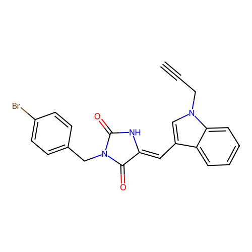 (Z)-3-(4-bromobenzyl)-5-((1-(prop-2-yn-1-yl)-1H-indol-3-yl)methylene)imidazolidine-2,4-dione structure