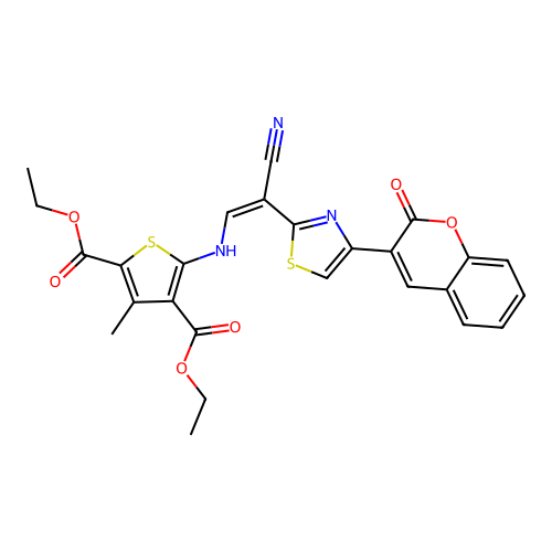 (Z)-diethyl 5-((2-cyano-2-(4-(2-oxo-2H-chromen-3-yl)thiazol-2-yl)vinyl)amino)-3-methylthiophene-2,4-dicarboxylate structure