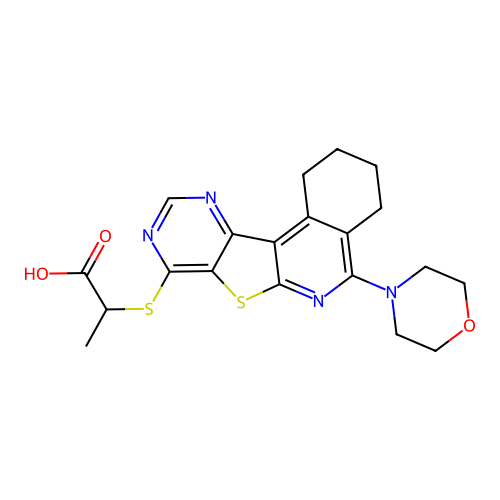 2-((5-morpholino-1,2,3,4-tetrahydropyrimido[4',5':4,5]thieno[2,3-c]isoquinolin-8-yl)thio)propanoic acid structure
