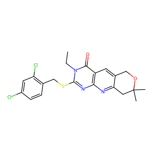 2-((2,4-dichlorobenzyl)thio)-3-ethyl-8,8-dimethyl-8,9-dihydro-3H-pyrano[3',4':5,6]pyrido[2,3-d]pyrimidin-4(6H)-one structure